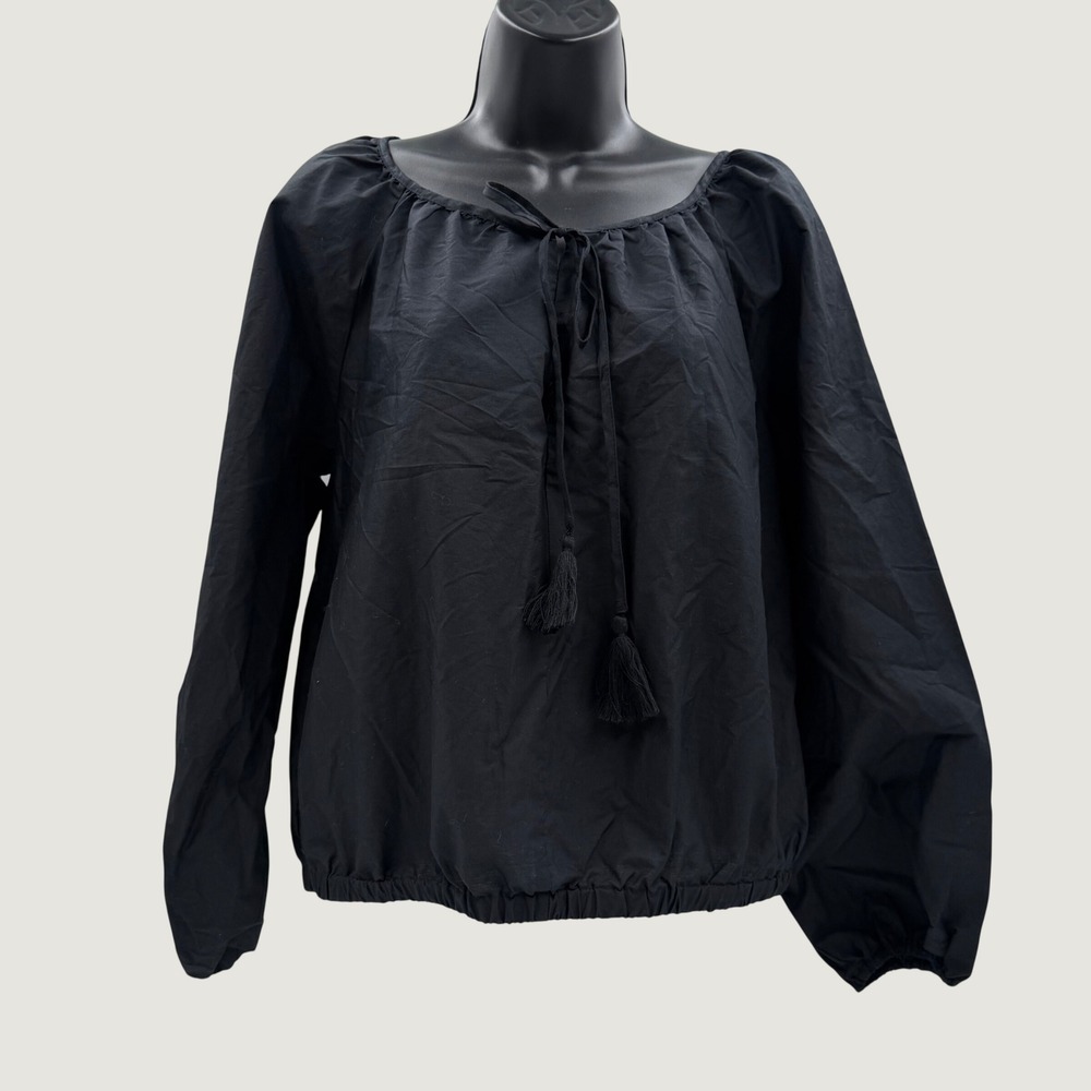 A New Day‎ Womens Black Cotton Tassel Tie Long Sleeve Peasant Blouse M